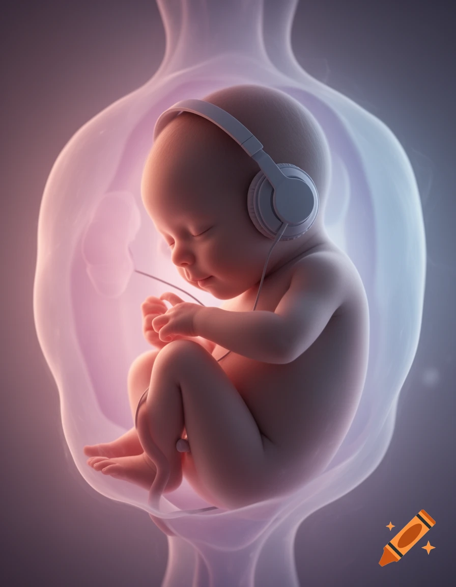A photorealistic 3D render of a fetus wearing white headphones inside a translucent womb, with soft pastel lighting.