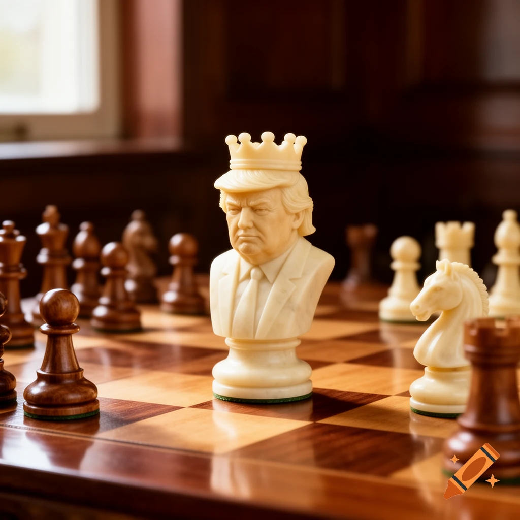 A close-up of a white chess piece sculpted as a bust of Donald Trump wearing a crown, standing on a wooden chess board with other pieces in the background.