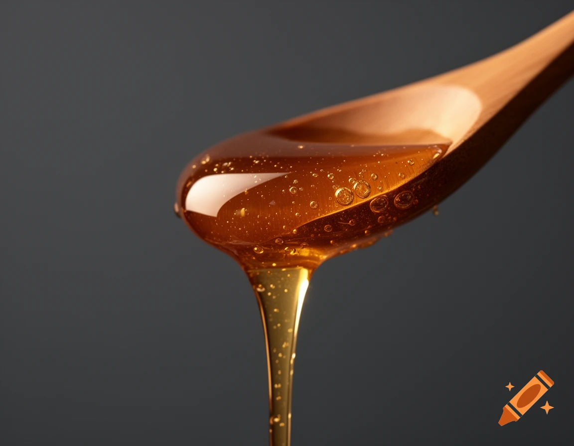 Warm golden organic honey drips from a wooden spoon against a minimalist dark anthracite background in macro photography style.