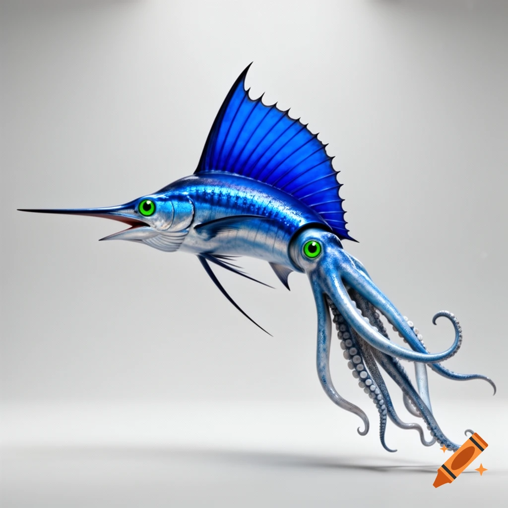 A photorealistic blue marlin-squid hybrid creature with green eyes and tentacles for a tail on a light gray background.