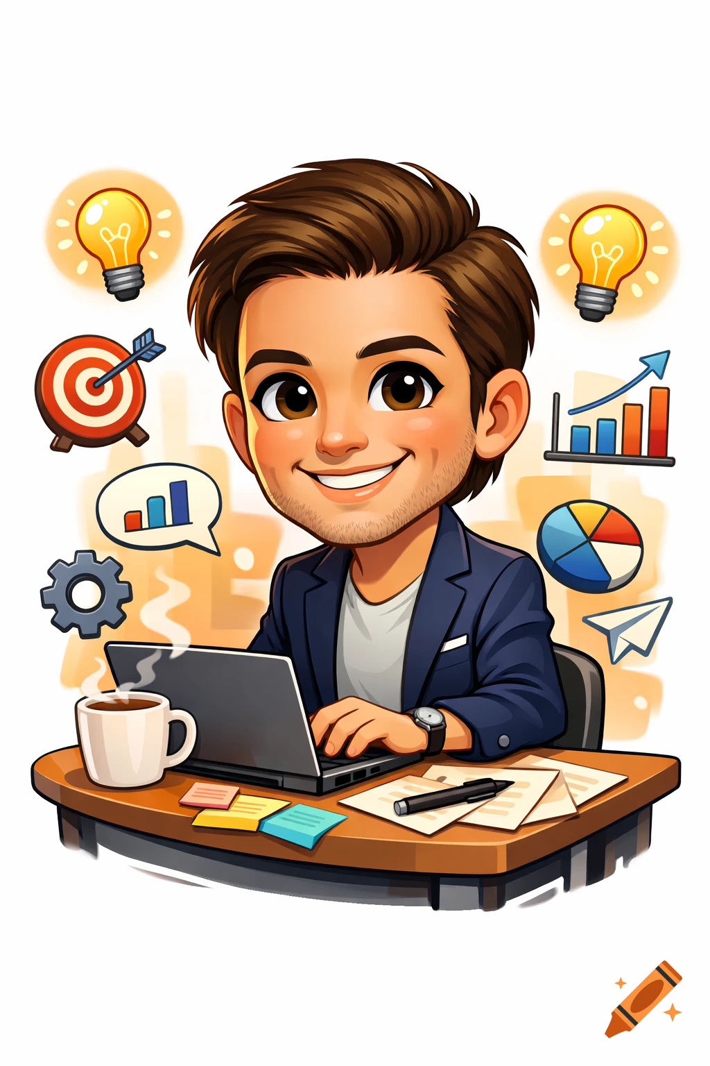 A cheerful cartoon professional with an oversized head works on a laptop at a desk, surrounded by business and idea icons.