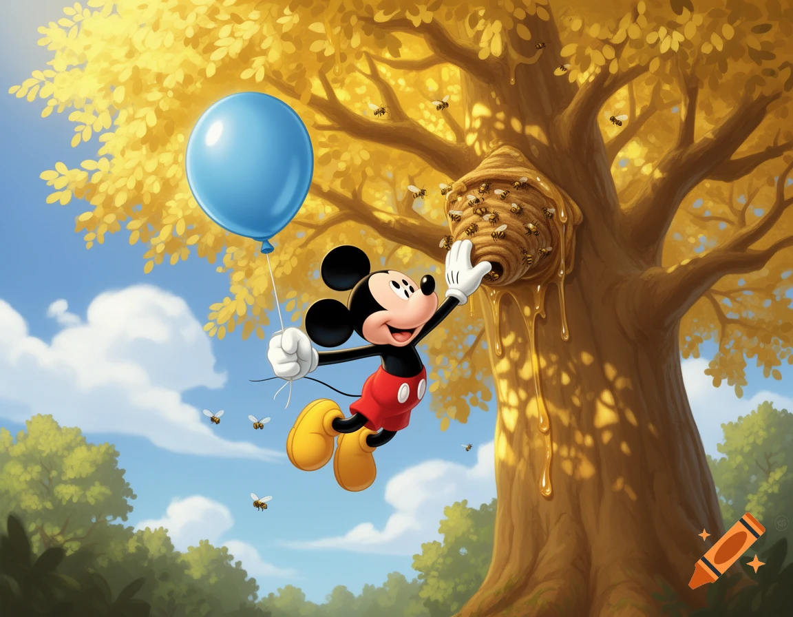 Mickey Mouse floats with a blue balloon, reaching for a honey-dripping beehive on a golden-leaved tree, cartoon style.