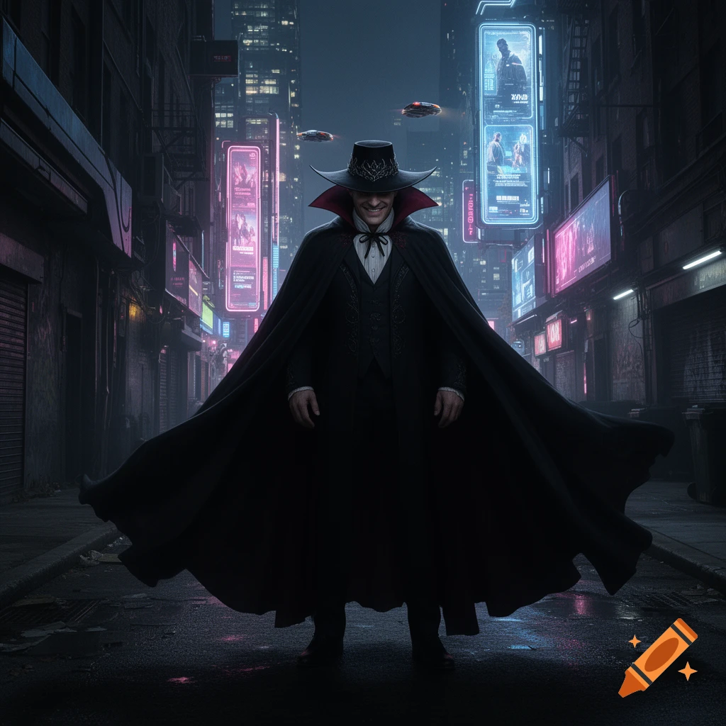 A mysterious man in a wide-brimmed hat and flowing black cape stands in a dark, neon-lit cyberpunk city alley.