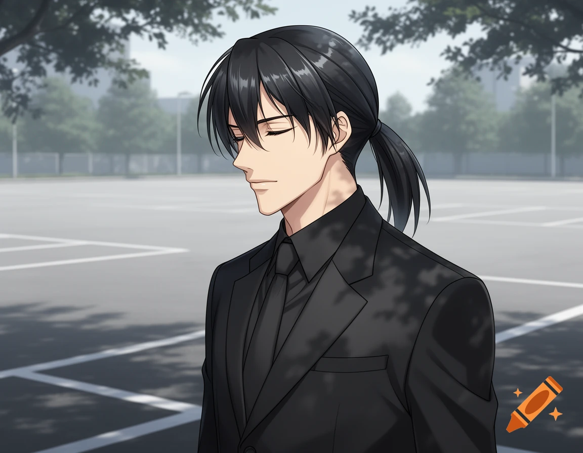 Anime-style man with black hair tied in a ponytail, wearing a black suit and tie, standing with eyes closed in a parking lot.