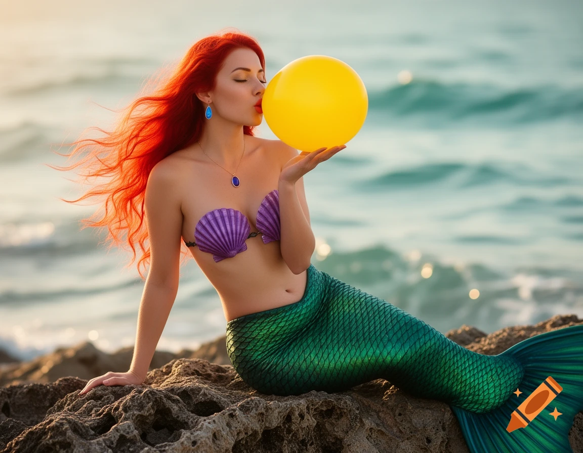 A red-haired mermaid in a seashell bra and green tail sits on a rock, blowing a yellow balloon by the ocean at sunset.