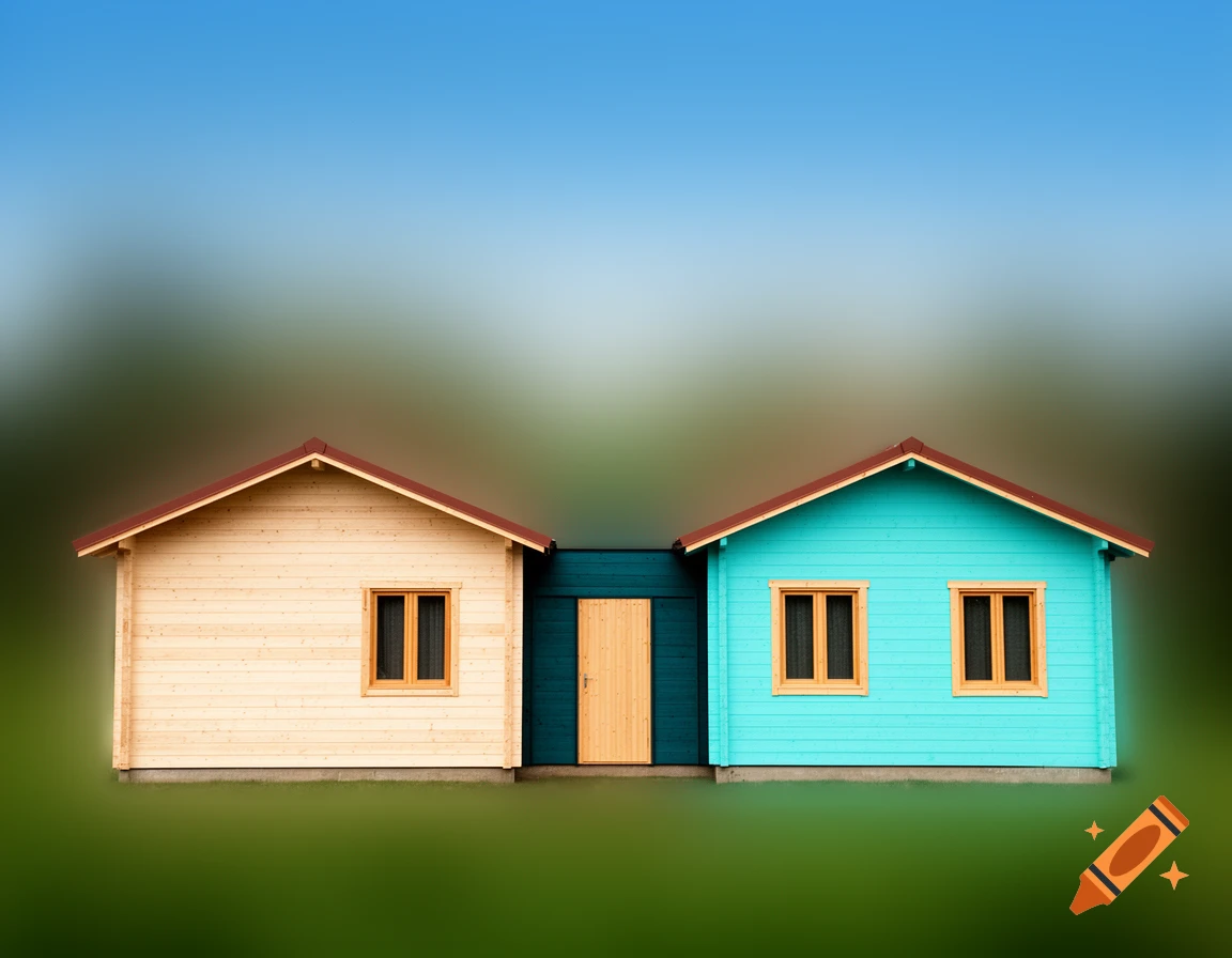 Two brightly colored wooden houses, one light wood and one turquoise, connected by a small dark teal structure, against a blurred green and blue background.