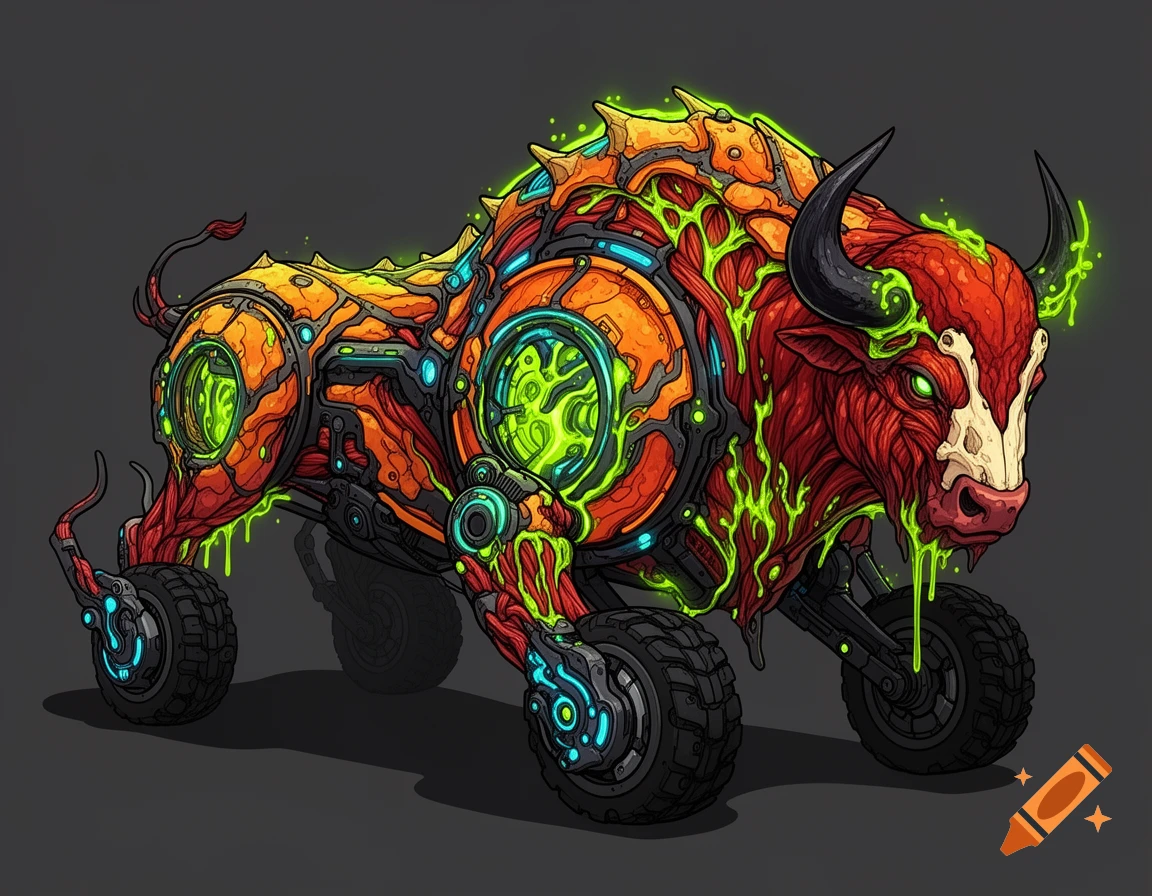 Stylized biopunk bull-like creature on wheels, with exposed red musculature, orange armor, blue tech, and glowing green goo.