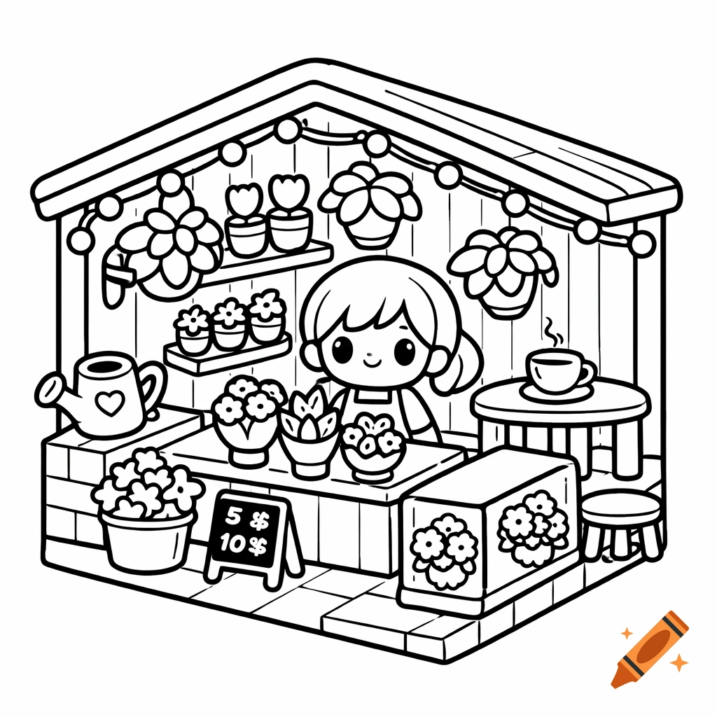 A black and white kawaii chibi illustration of a girl in a cozy isometric flower shop with plants, a counter, and price board.