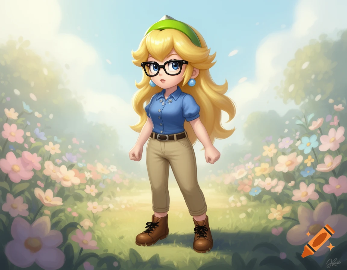 Princess Peach in a blue collared shirt, khaki pants, and glasses, standing in a field of pastel flowers.