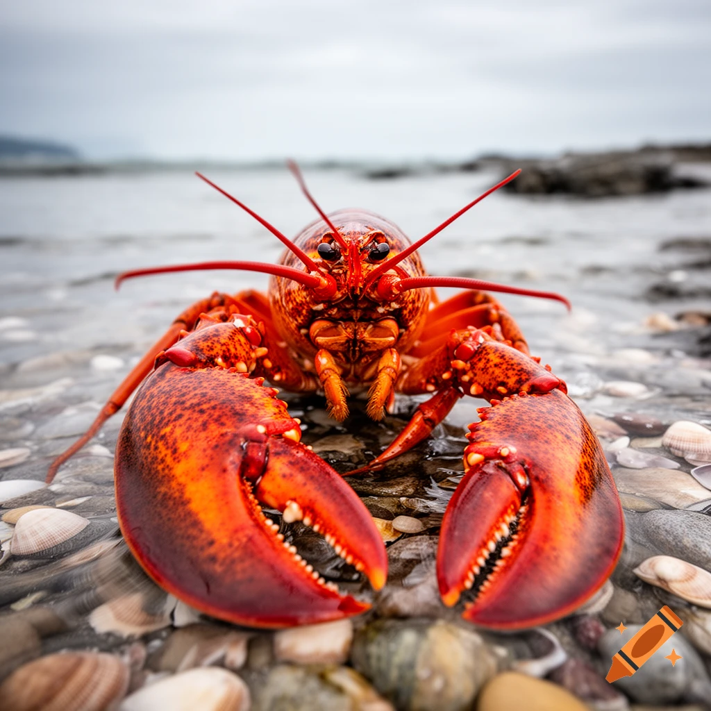 A vibrant red lobster sits on a wet, shell-covered rocky shore, looking directly at the viewer with its large claws.