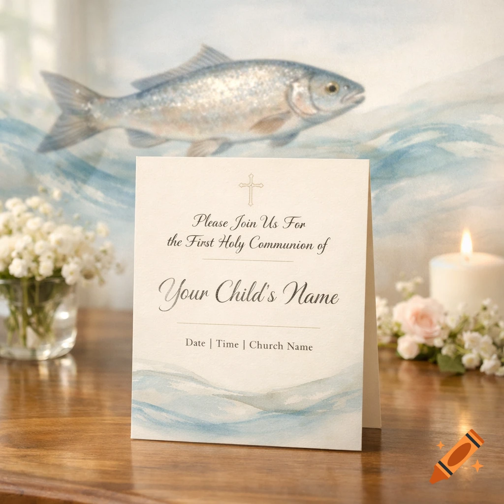 A communion invitation card on a wooden table, with flowers, a lit candle, and a blurred background featuring a fish and blue waves.