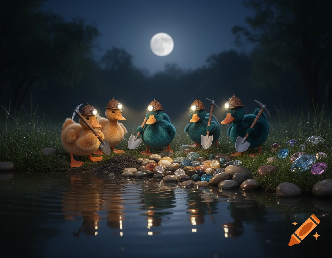 Five cute cartoon ducks wearing mining helmets with lights, digging for colorful gems by a moonlit pond in a forest.