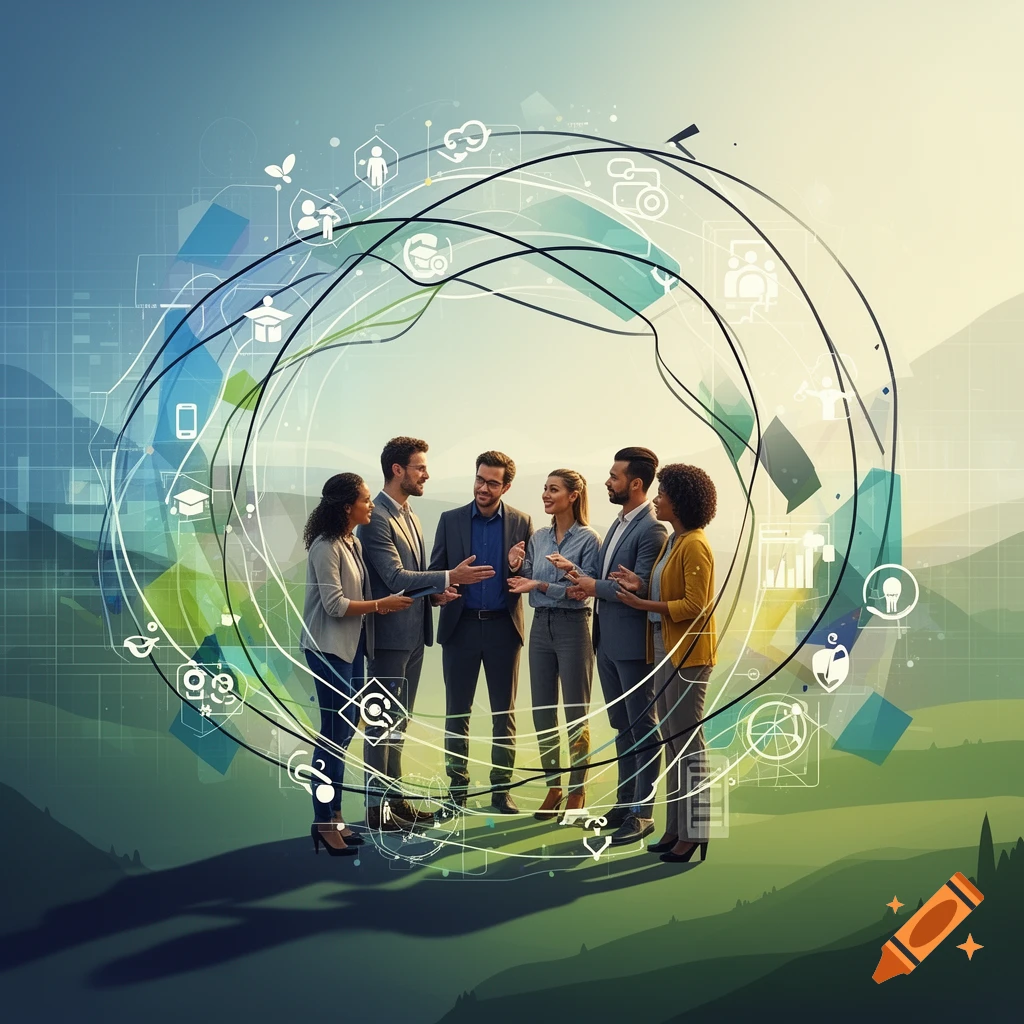 Diverse business professionals discussing innovation amidst abstract technological and social icons in a conceptual semi-realistic style.
