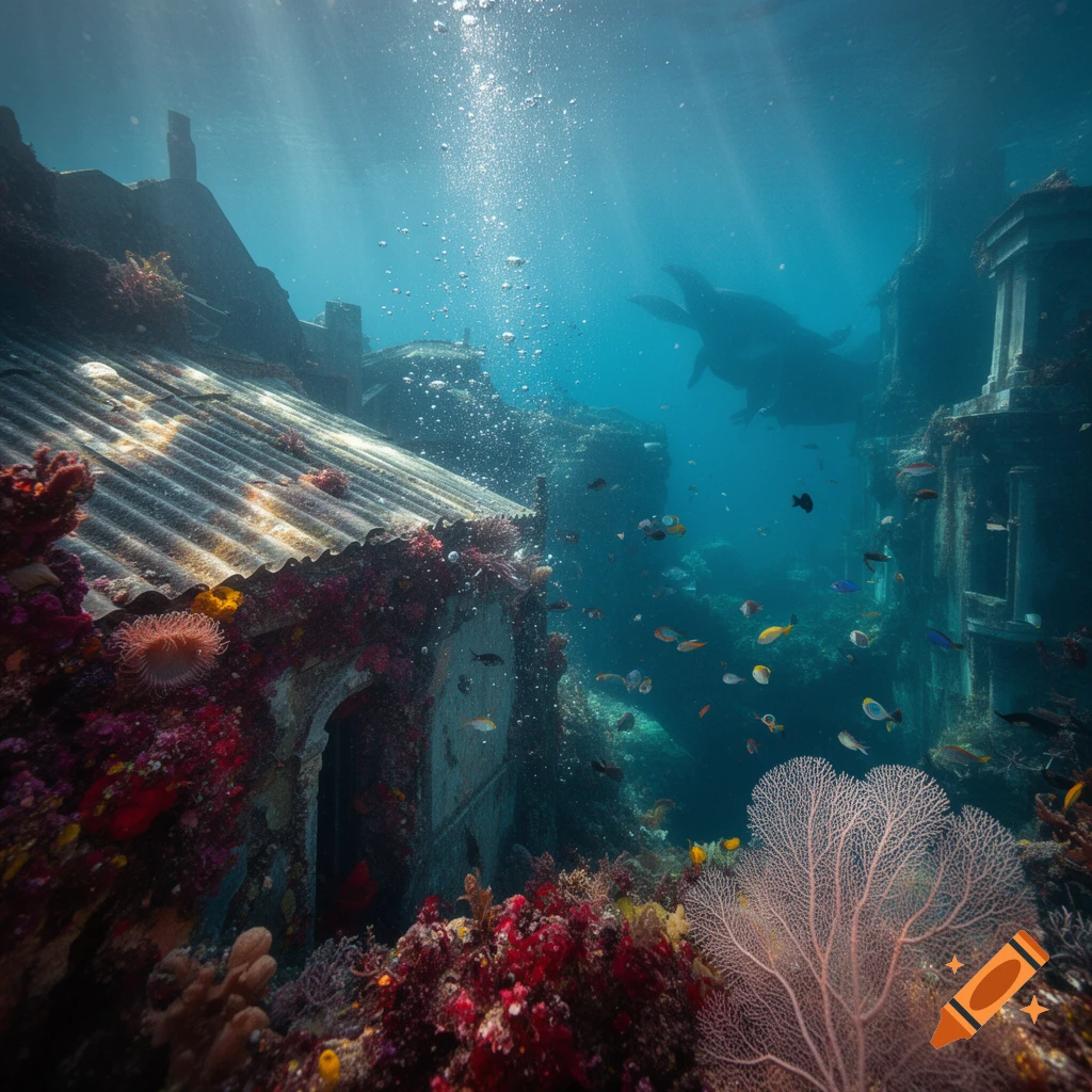 Sunlit underwater city ruins with vibrant coral, tropical fish, and a ...