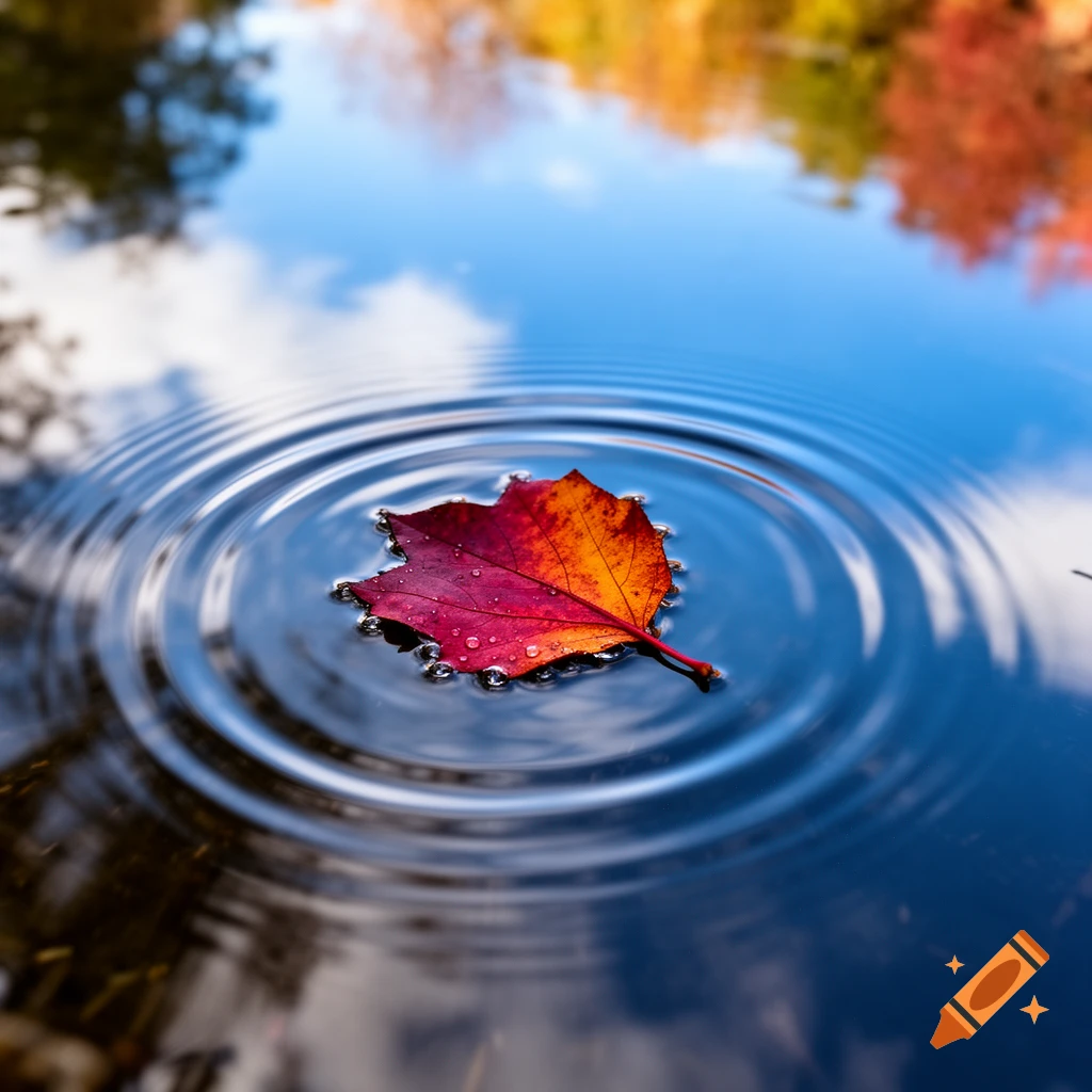 A vibrant red and orange autumn leaf floats in a ripple-filled pond, reflecting the sky and fall foliage.