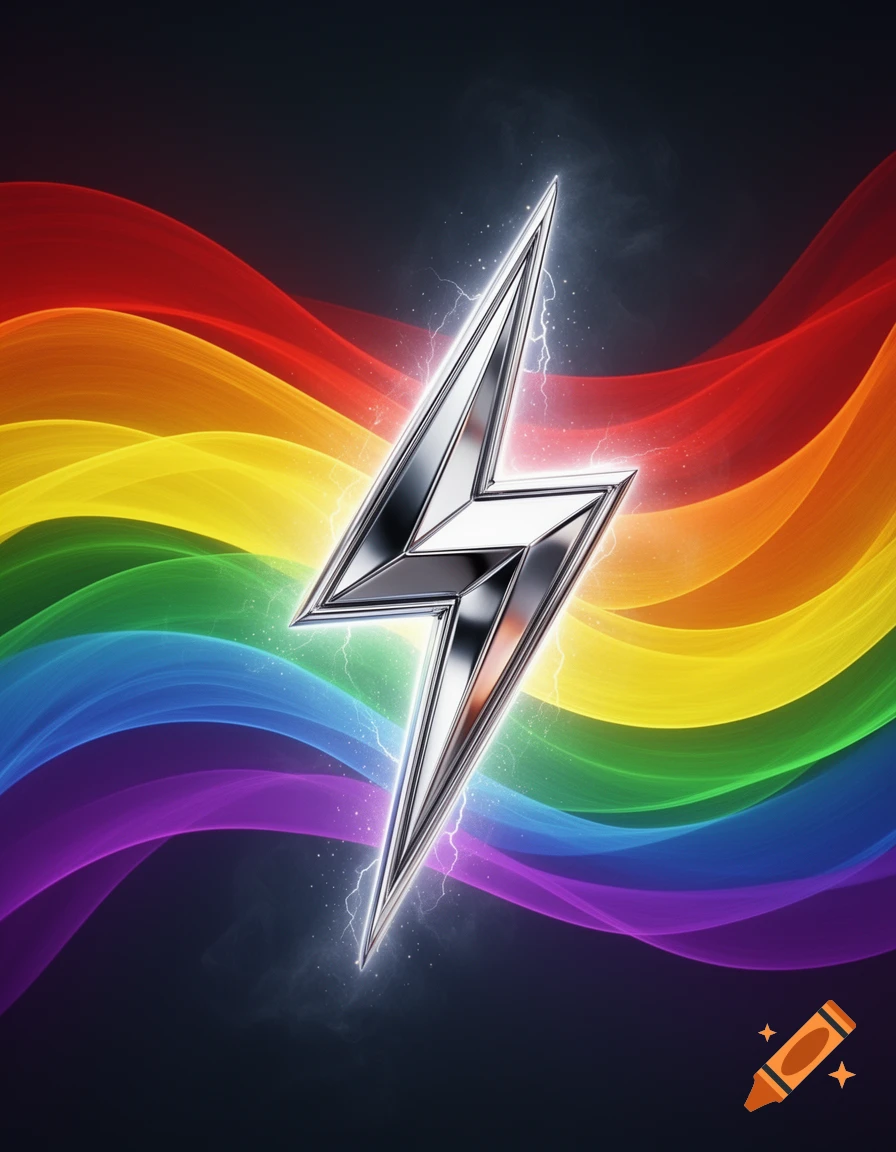 A shiny metallic lightning bolt emblem against a vibrant background of flowing rainbow waves.