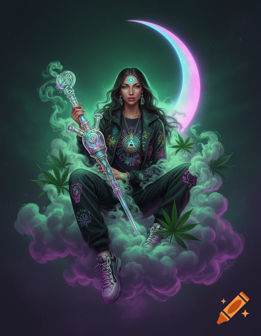 A psychedelic illustration of a woman with a third eye, seated on glowing clouds of cannabis smoke, holding a crystal bong. A neon crescent moon shines behind her, amidst rich emerald and purple tones.