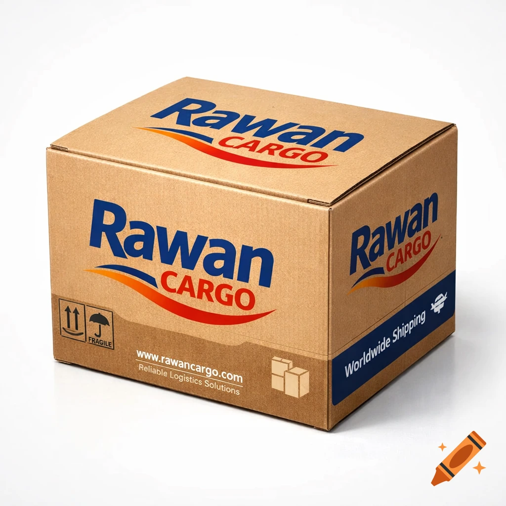 A photorealistic brown cardboard shipping box with 'Rawan CARGO' branding, a website, and shipping icons.
