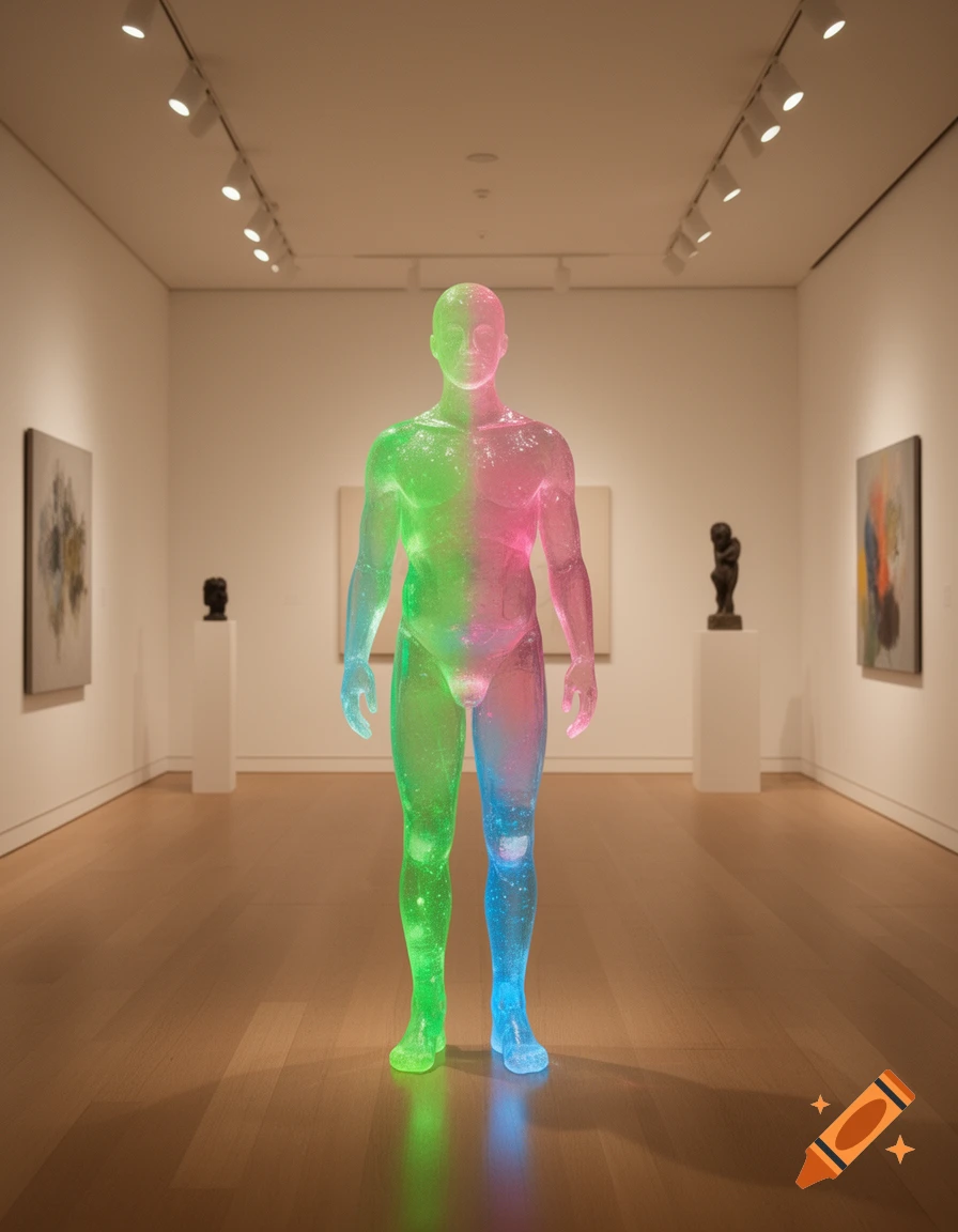 A translucent, glowing human sculpture, split into green, pink, and blue, stands in a brightly lit art gallery.
