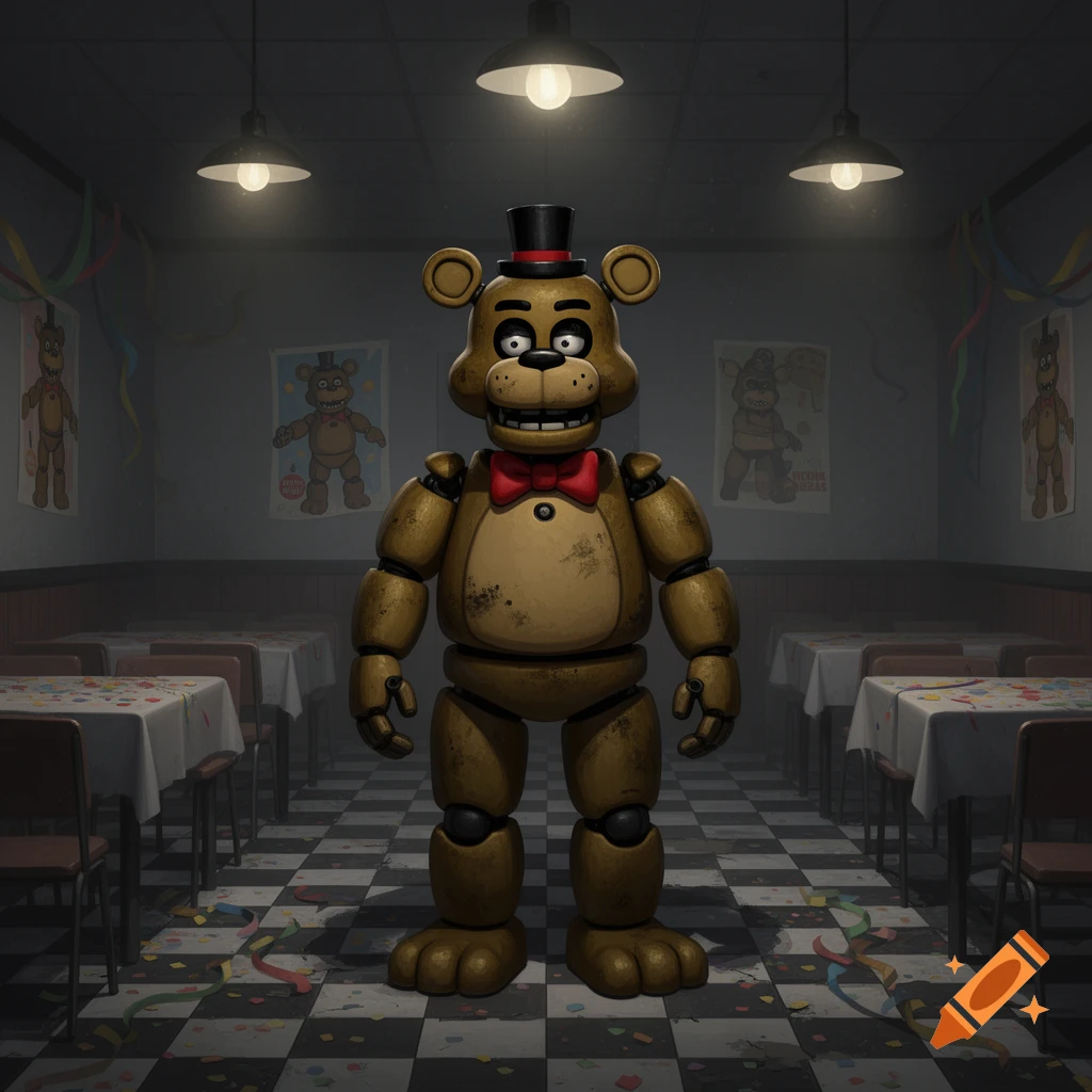 A golden animatronic bear with a top hat and red bow tie stands in a dark, abandoned restaurant with checkered floors and party streamers.