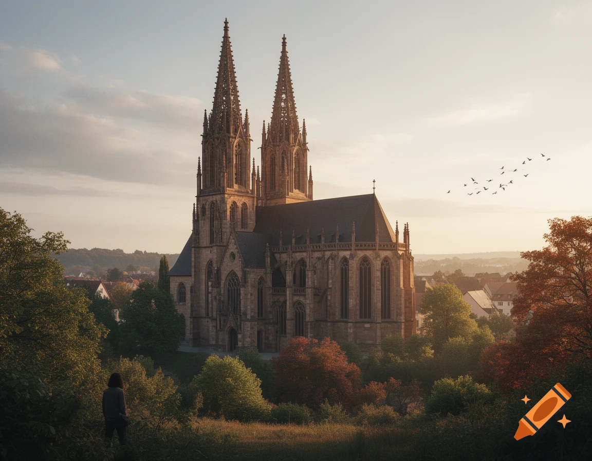 A large, ornate Gothic church with two prominent spires rises above a town at sunset, viewed from a hillside with a person standing in the foreground, surrounded by trees.