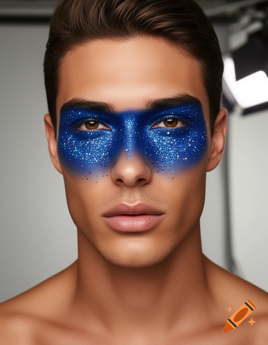 Close-up of a man's face wearing vibrant blue glitter makeup around his eyes and nose, in a photorealistic studio setting.