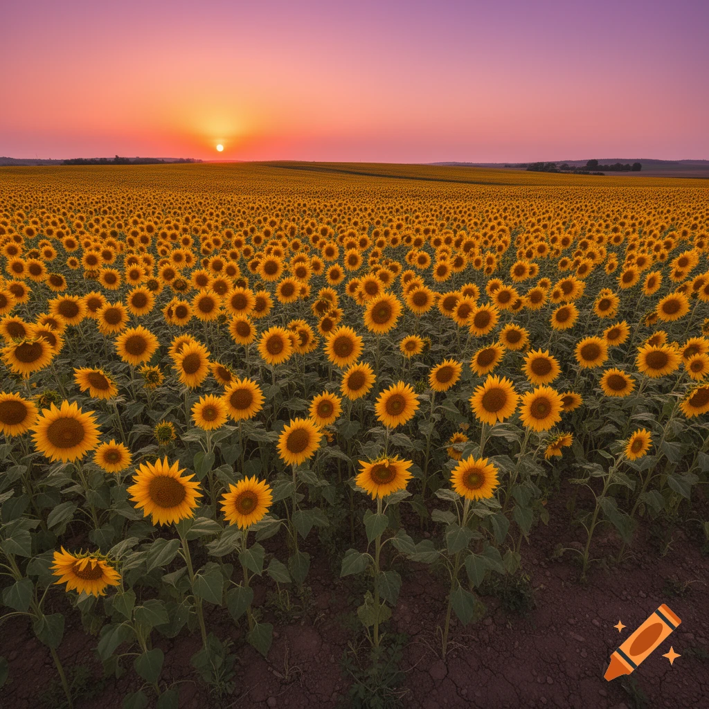 A vast field of sunflowers stretches under a vibrant pink and orange sunset sky, photorealistic.