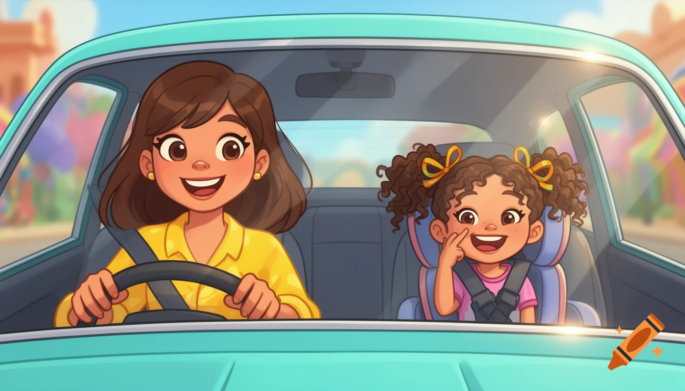 Cartoon mom driving a car with a smiling child in a car seat in the back.