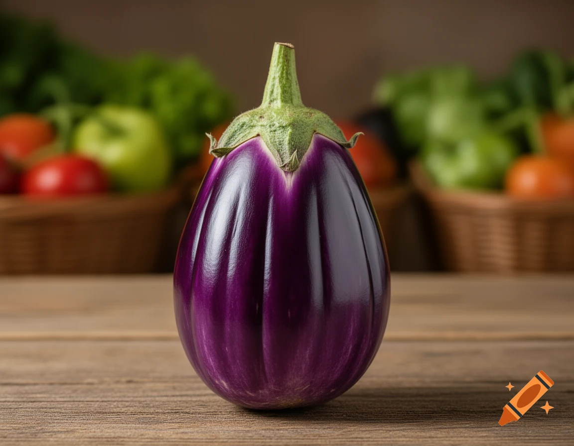 A glossy, dark purple eggplant stands upright on a rustic wooden table, with blurred fresh produce baskets in the background in a photorealistic style.