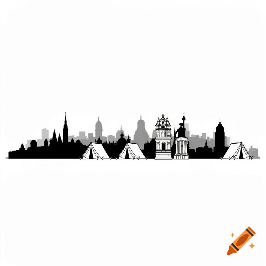 Black and white simplified illustration of a city skyline with various ...