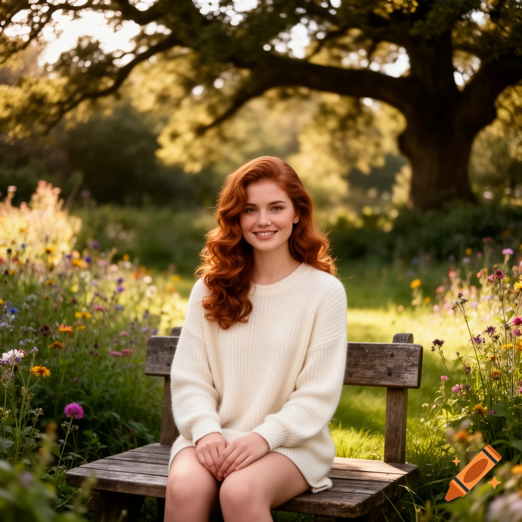 A smiling young woman with long red hair sits on a wooden bench in a ...