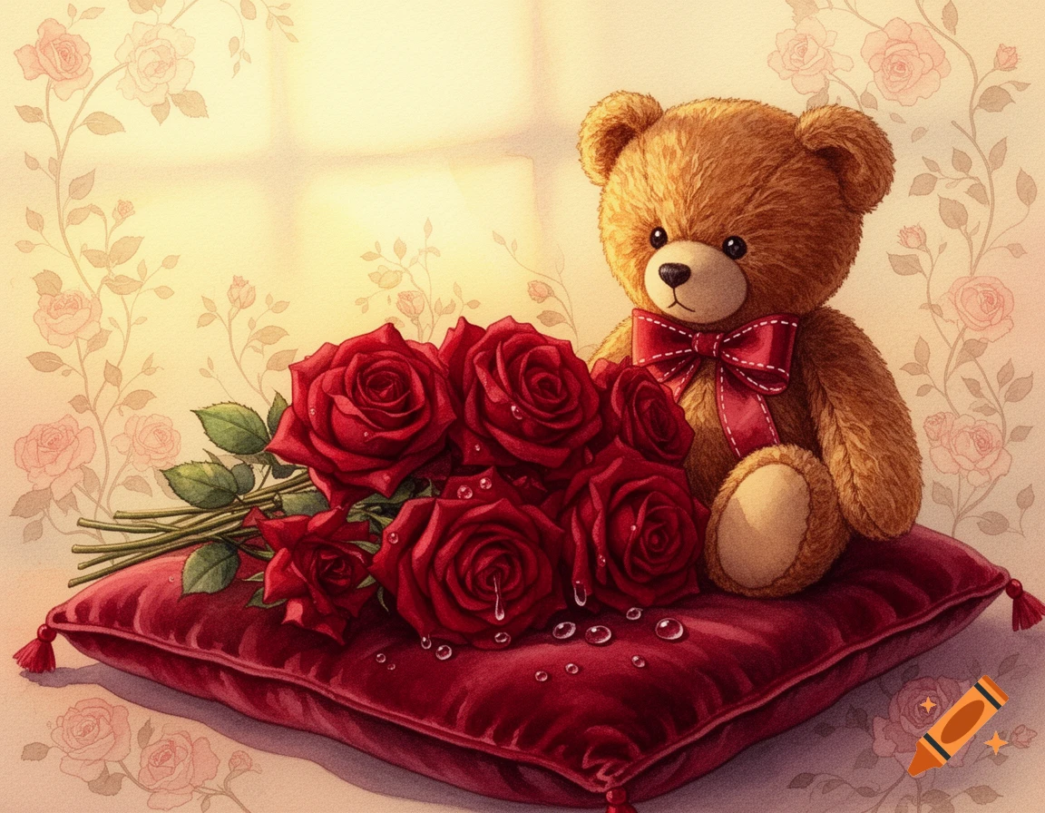 Romantic watercolor illustration of a brown teddy bear and deep red roses on a red velvet cushion, with a floral background.