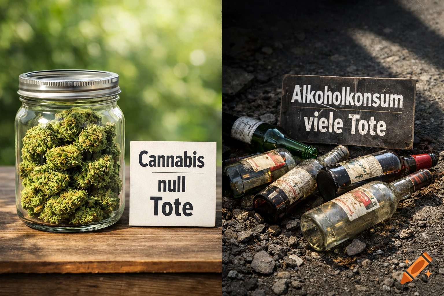 Diptych comparing cannabis and alcohol: a jar of cannabis labeled 'zero deaths' and empty alcohol bottles with a sign 'many deaths'.