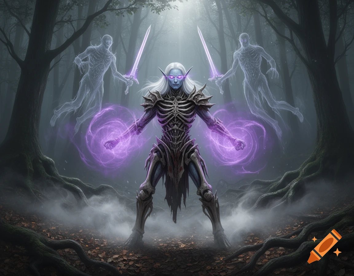 A dark elf bone knight with white hair and glowing purple eyes casts ...