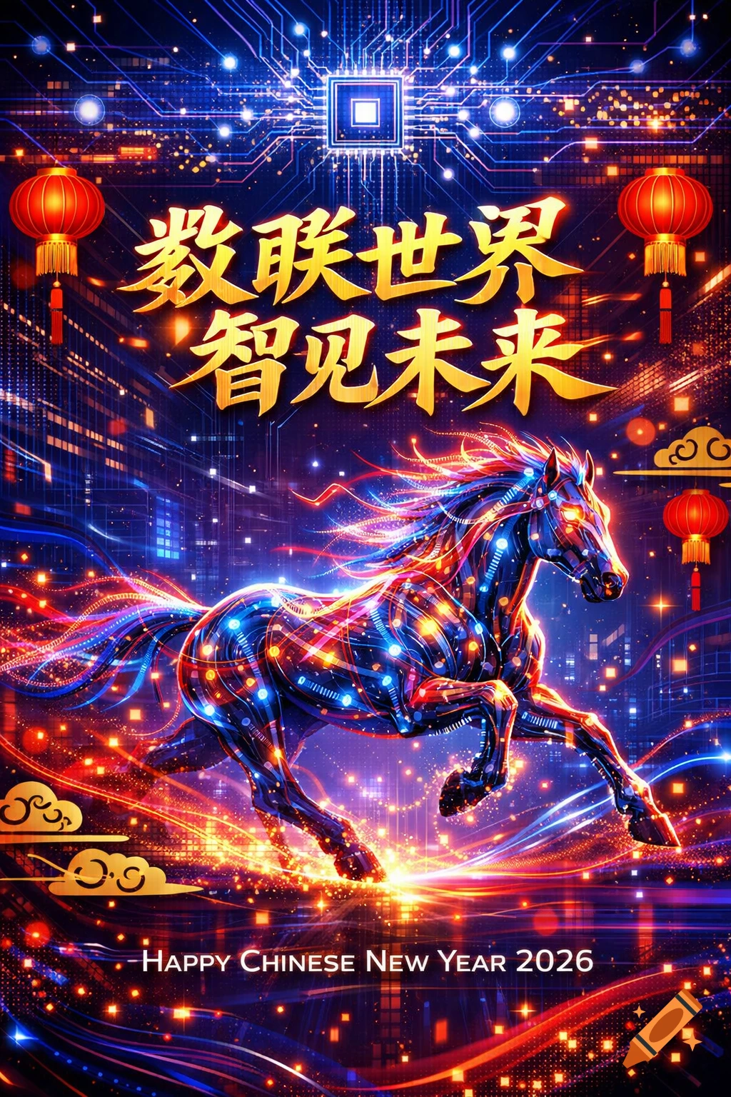 Vibrant futuristic Chinese New Year 2026 poster with a glowing cybernetic horse amidst neon circuits and lanterns, with text.