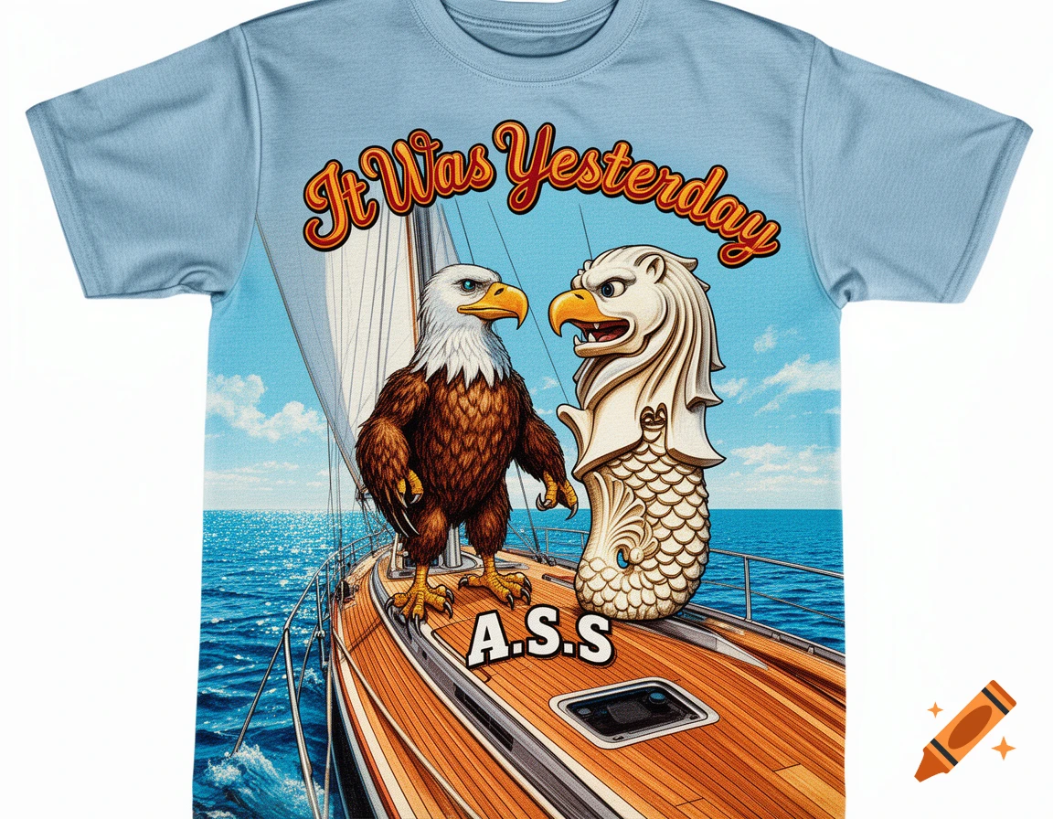 A light blue t-shirt featuring a cartoon eagle and a Merlion standing on a sailboat deck with text "It Was Yesterday" and "A.S.S".