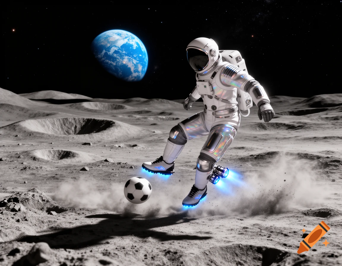 Astronaut playing soccer on the moon, kicking a ball with glowing jet boots, Earth visible in the background.