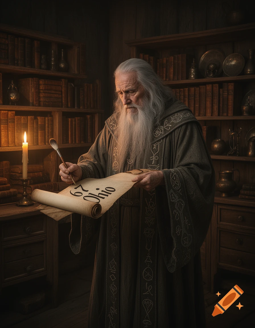 A photorealistic old wizard with a long white beard writes '67 Ohio' on a scroll in a dimly lit library by candlelight.