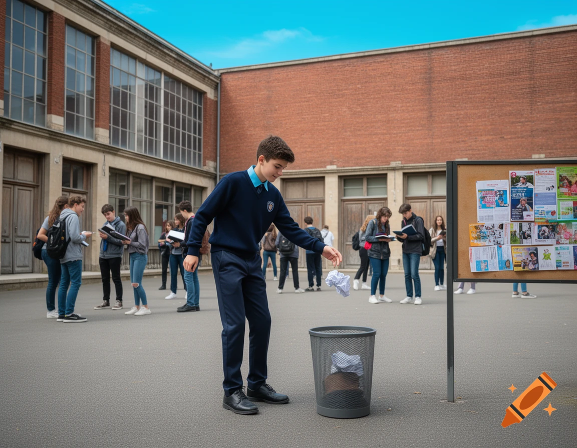 A boy in a navy uniform drops a crumpled paper into a trash can in a school courtyard, with other students and a bulletin board in the background.