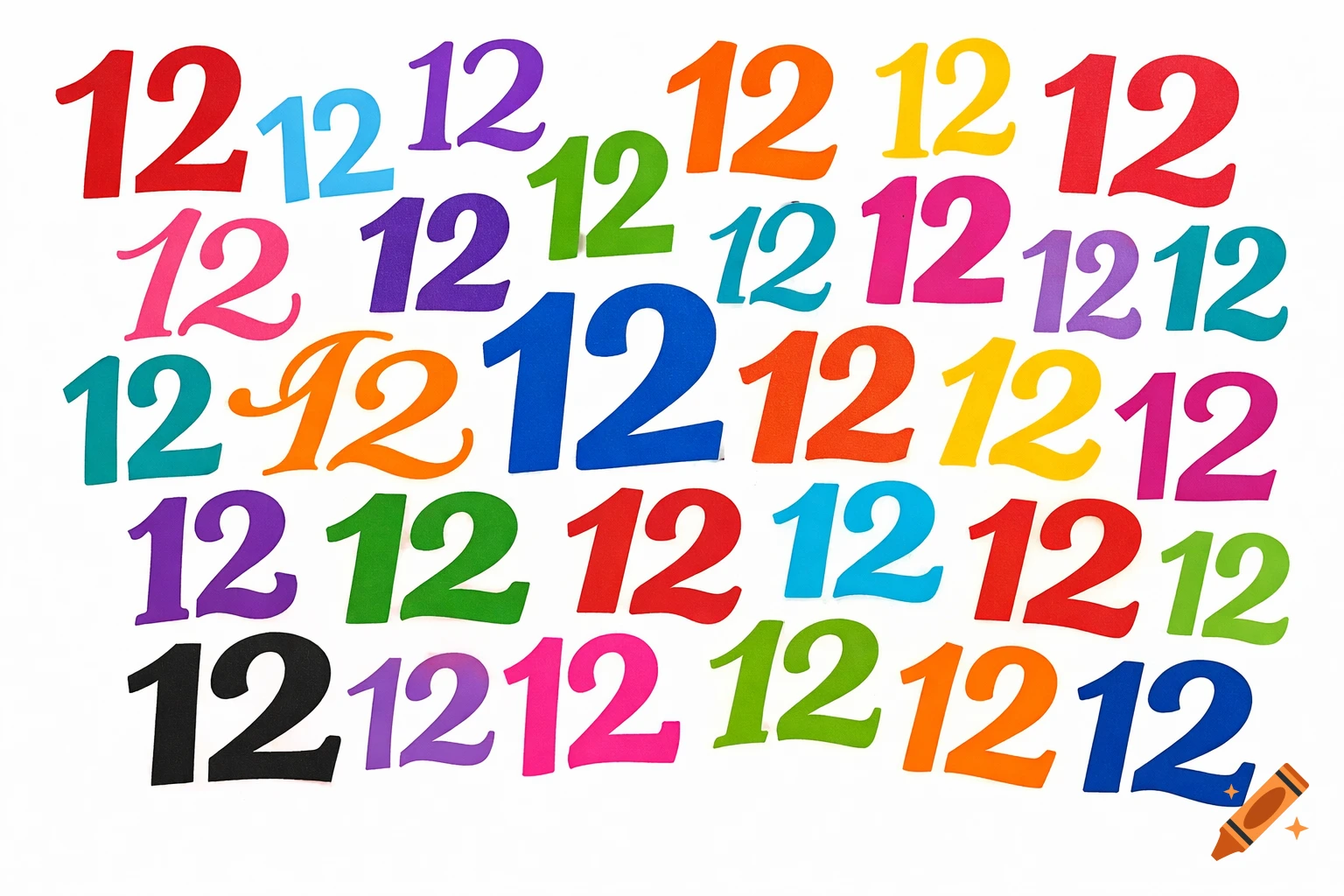 Multiple instances of the number 12 in various bright colors, scattered on a white background.