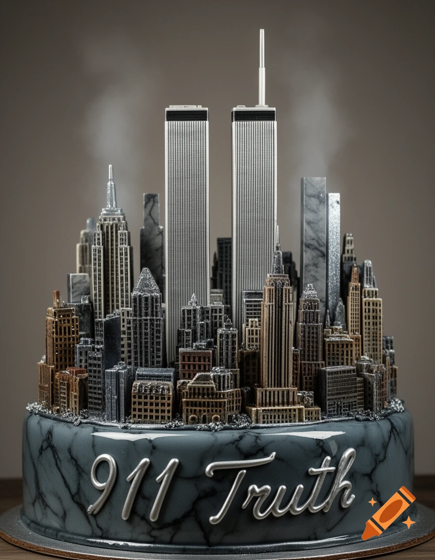 A photorealistic cake decorated as a detailed cityscape featuring the Twin Towers, with "911 Truth" on its base.
