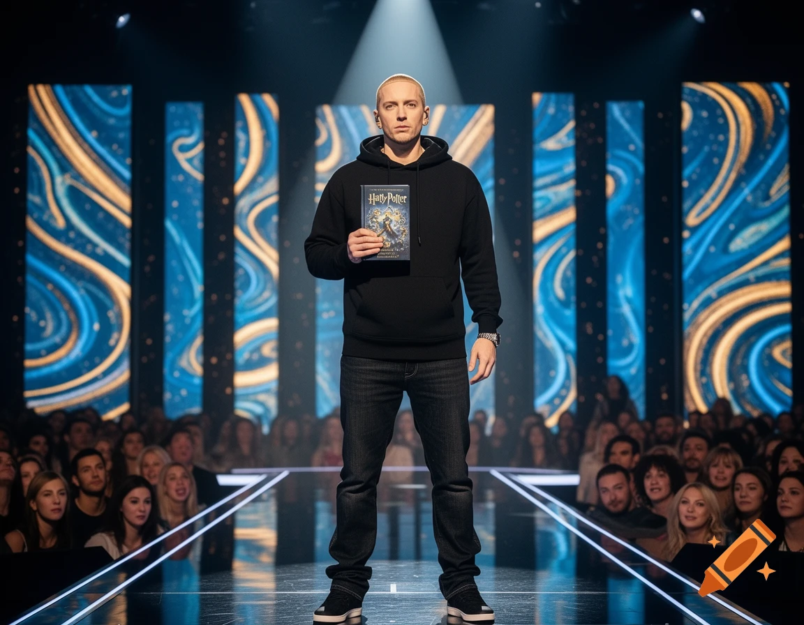 Photorealistic image of Eminem holding a Harry Potter novel on a dark stage with an audience.