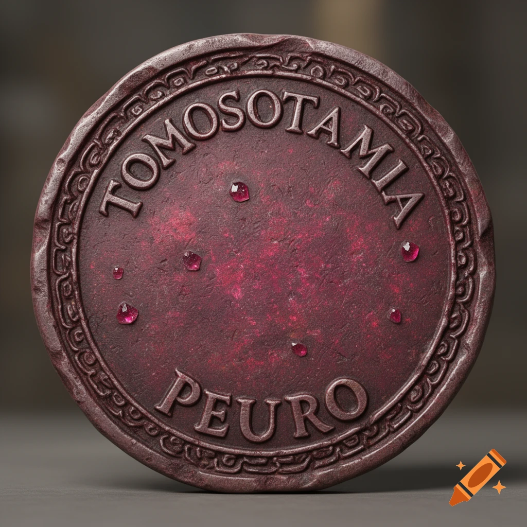 A detailed, ruby-colored Mesopotamian-style coin inscribed with 'TOMOSOTAMIA' and 'PEURO', adorned with small ruby gems.
