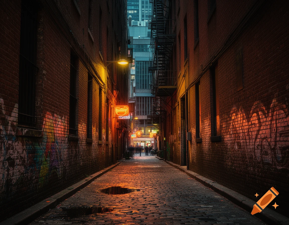 A dark, wet cobblestone alley at night, flanked by brick buildings with warm orange and yellow neon lights reflecting in puddles.