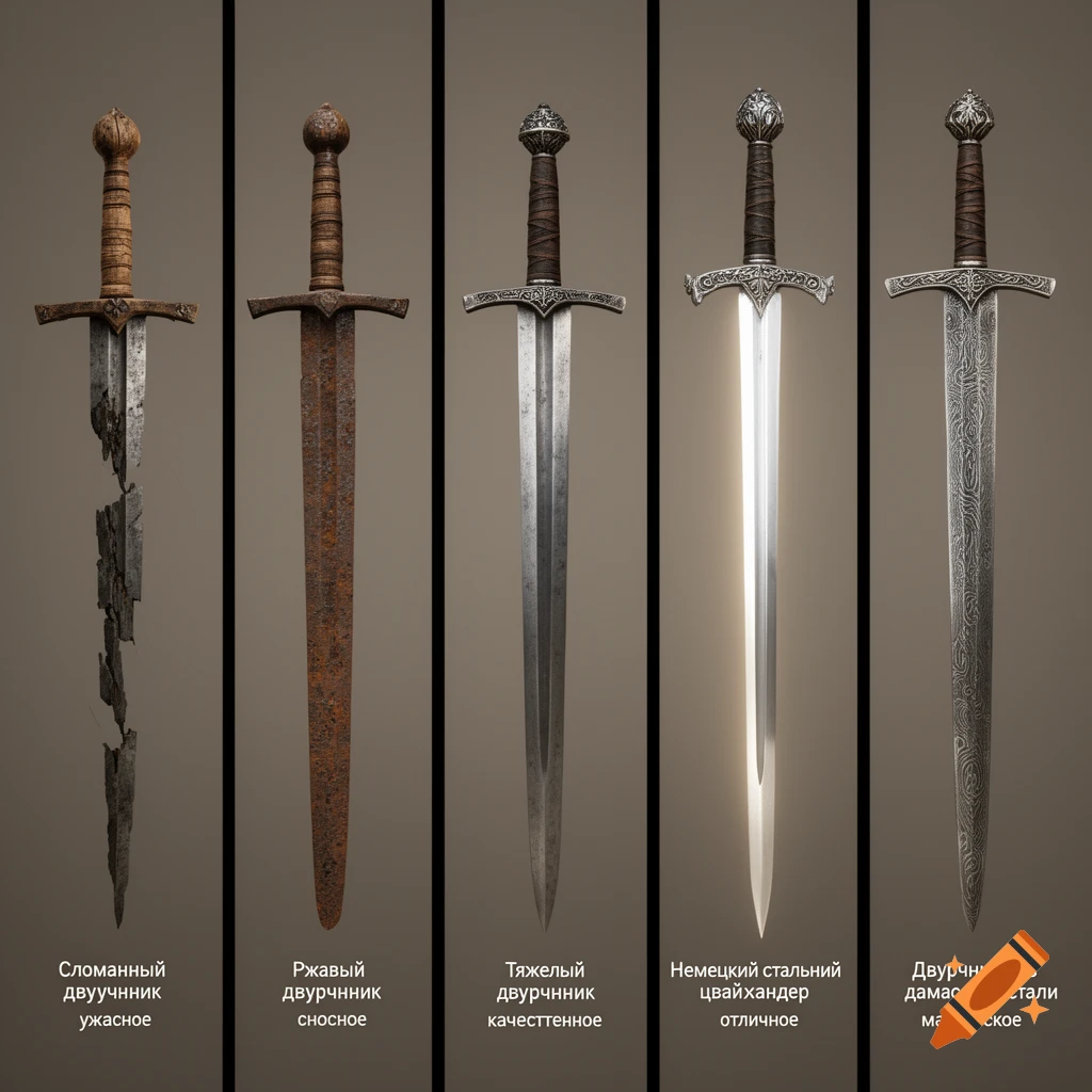Five medieval zweihander swords displayed vertically, progressing from a broken, rusted, and heavy appearance to shiny German steel and Damascus steel, with Russian labels below each.