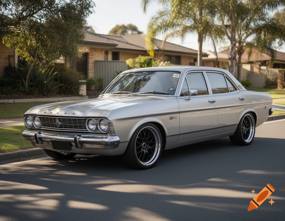 A photorealistic silver classic Ford sedan with black custom wheels is parked on a quiet suburban street under natural daylight.