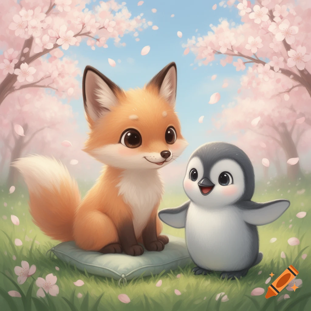 A cute, cartoon-style fox sits on a cushion next to an adorable baby penguin in a field filled with cherry blossoms and petals.