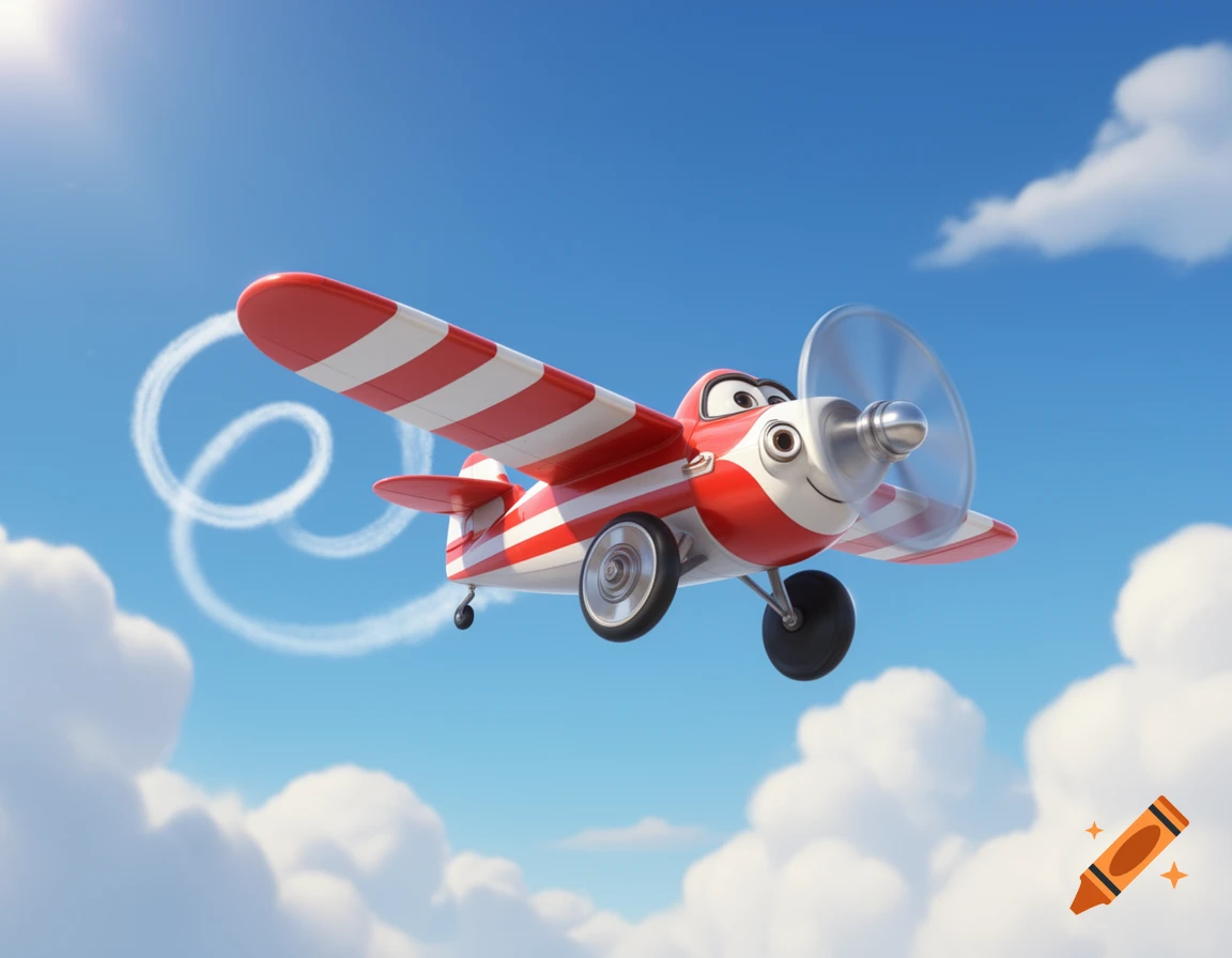 A cheerful red and white cartoon airplane with a smiling face flies in a blue sky with white clouds, leaving a smoke trail.