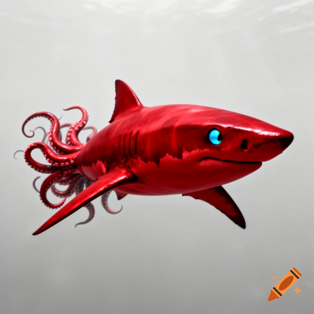 A vivid red shark-octopus hybrid with glowing blue eyes, its tail replaced by swirling tentacles, swims against a light gray background.