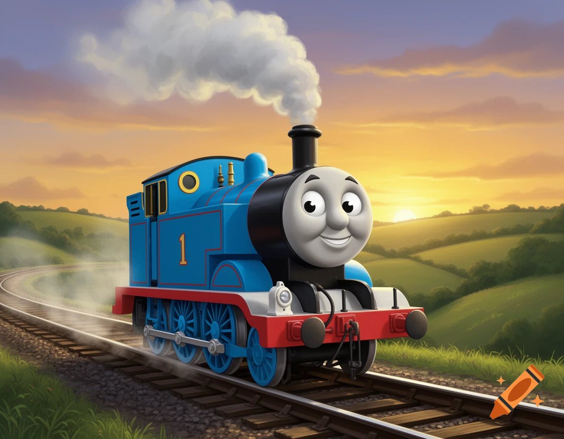 Thomas the Tank Engine smiling, driving on tracks through a green landscape at sunset, with steam billowing.